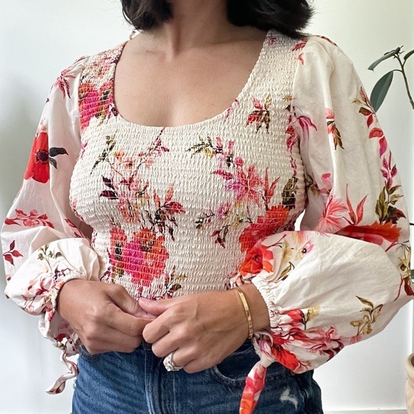 Anthropologie Tops - Anthropologie Floral Blouse Size XS/S Smocked Puff Long Sleeve Cotton